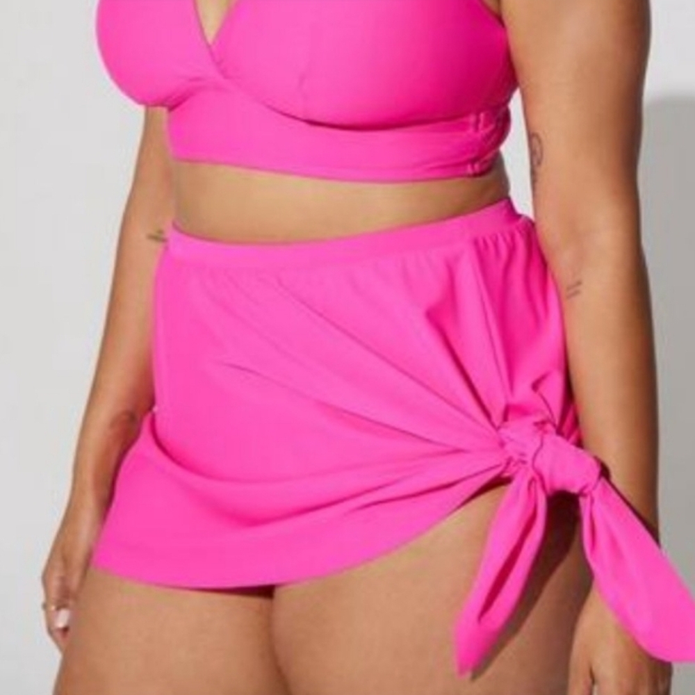 Pink Asymmetrical Sarong Swim Set with Tie Detail
